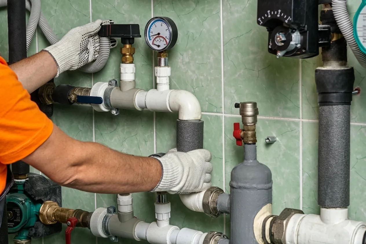 Plumber fixing pipes