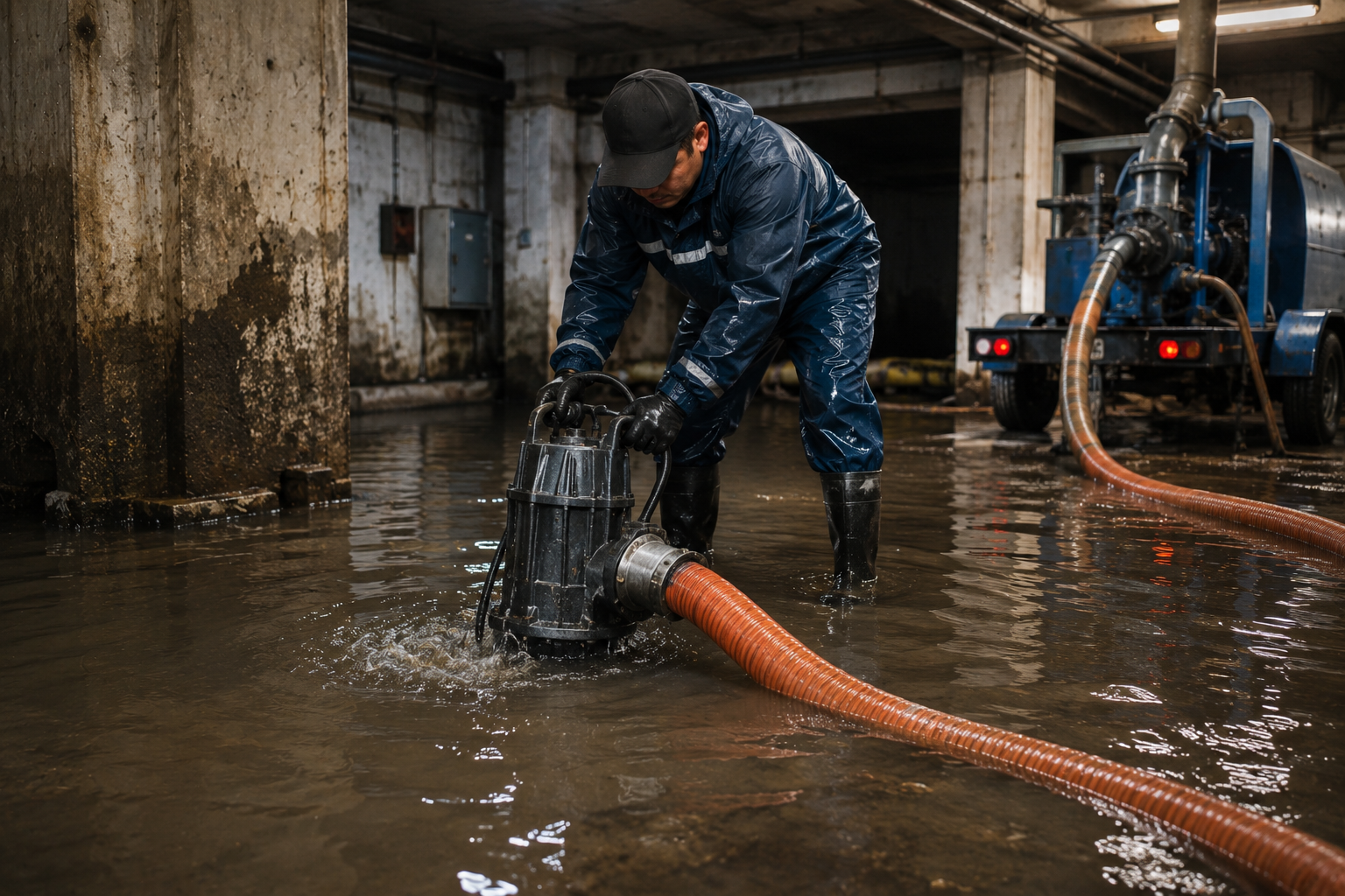 Industrial pump operation in flooded basement