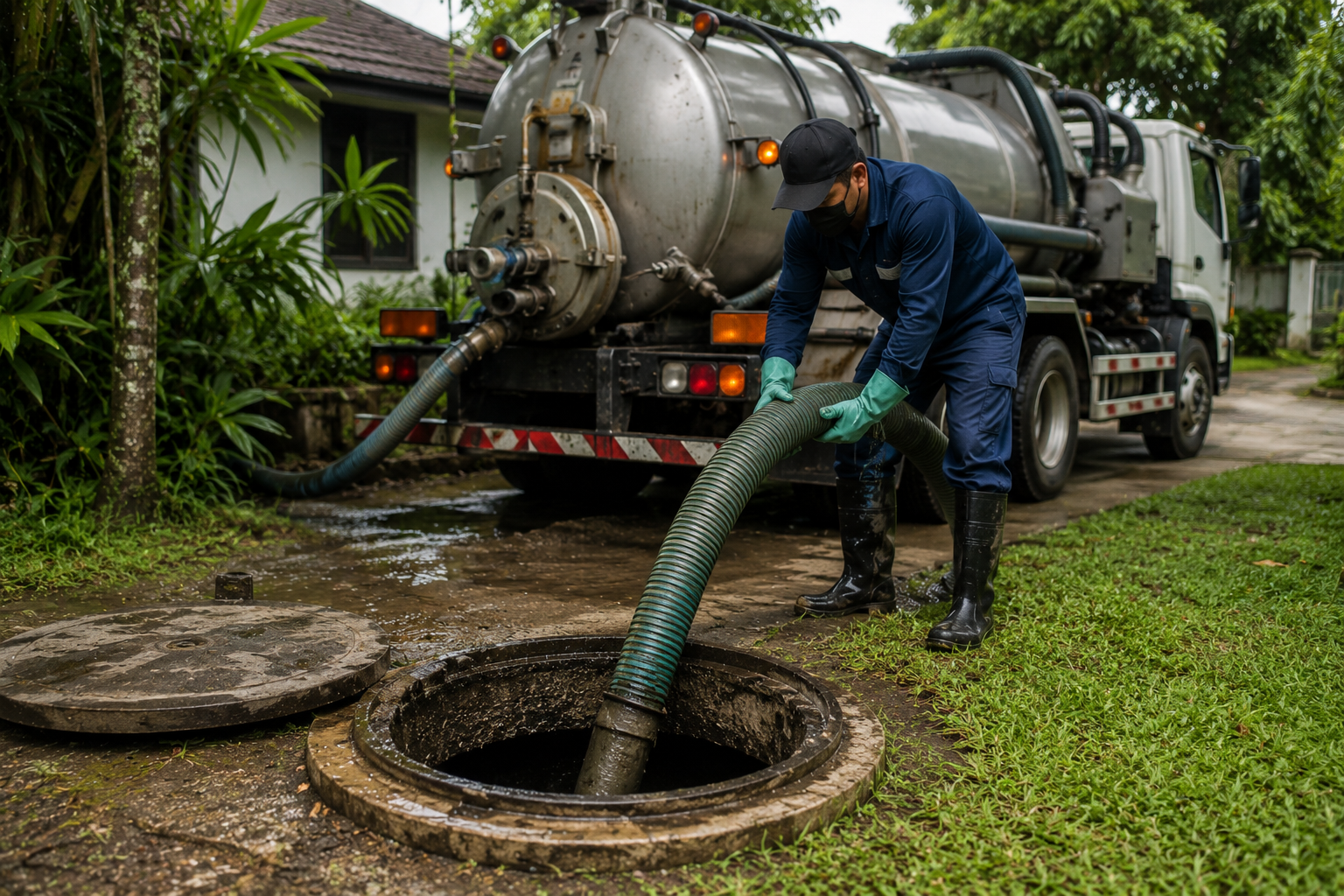 Worker maintaining septic system outdoors
