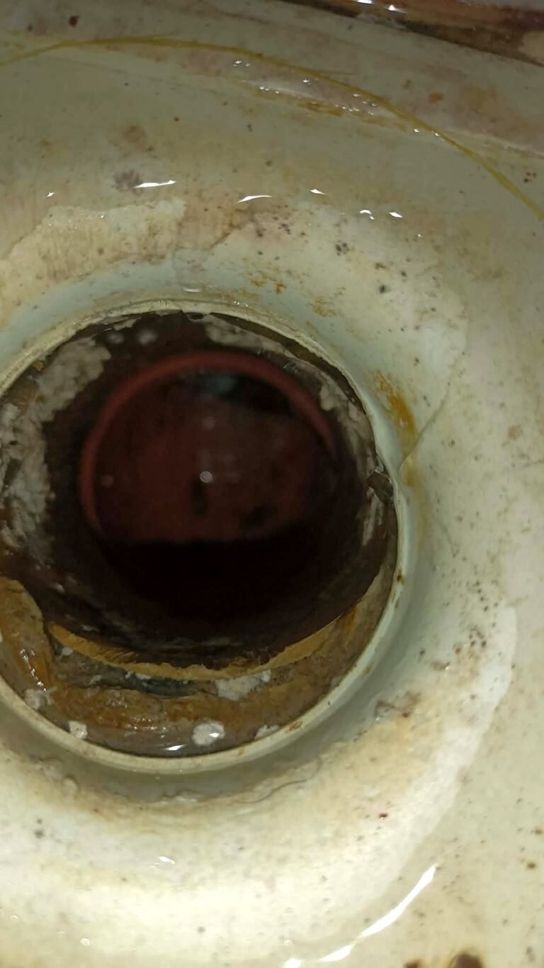 Inside view of a dirty drain pipe opening before declogging