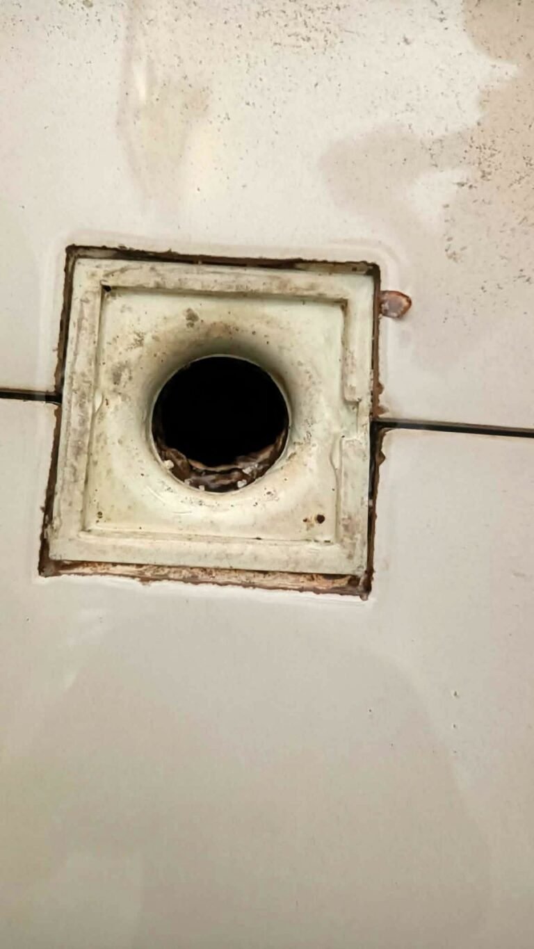 Clogged floor drain with the strainer removed, ready for declogging
