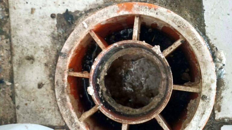 Close-up of a floor drain and strainer before cleaning